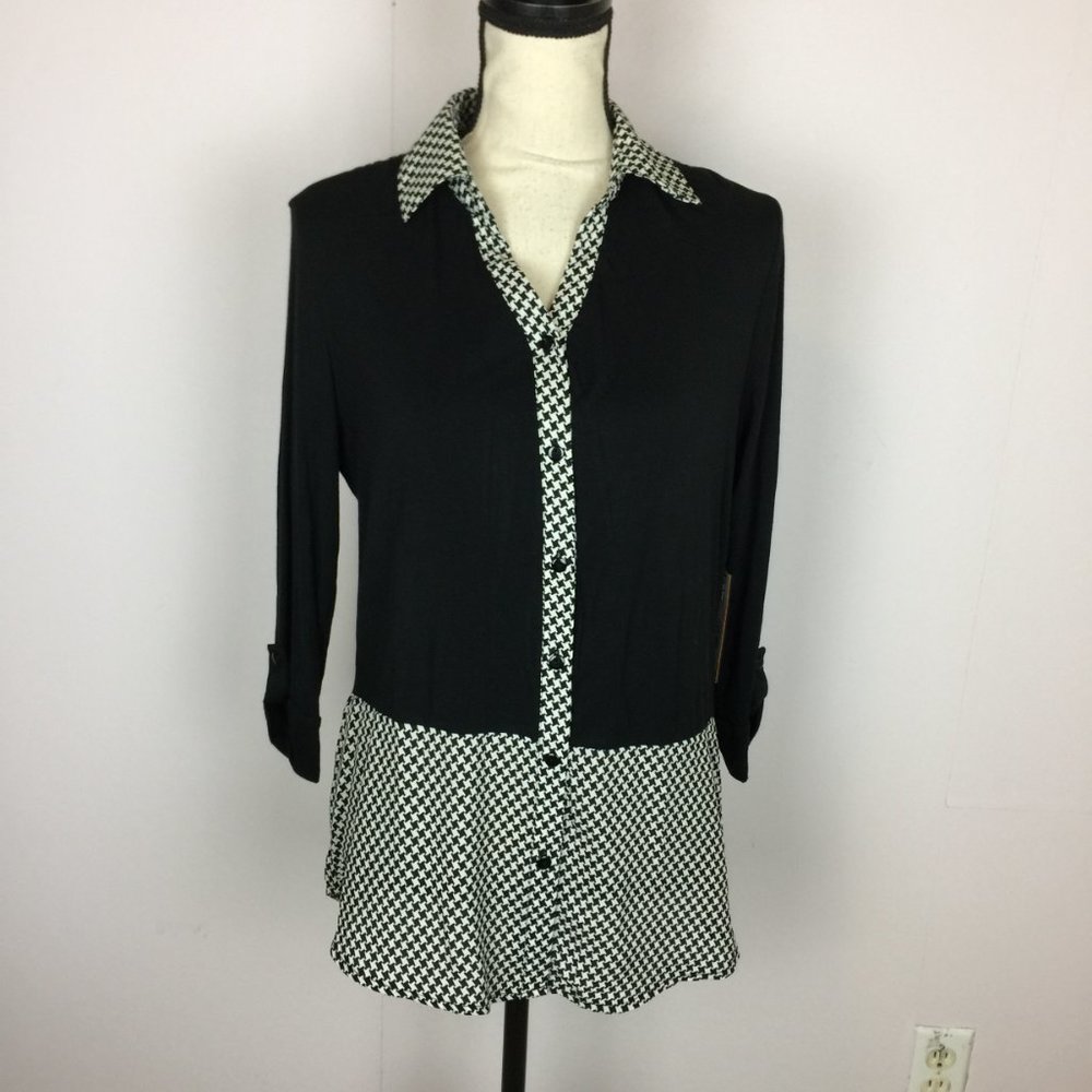 New! FYLO Shirt Blouse S Womans Black White Gingham 3/4 Roll Tab Sleeve Button